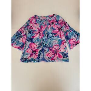 Lilly Pulitzer Flounce Sleeve Floral Ruffle Blue Pink Cotton Blouse Size XS Prep
